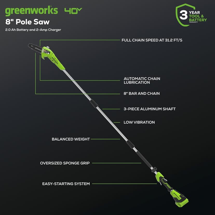 Greenworks 40V 8-Inch Cordless Polesaw, 2.0Ah Battery and Charger Included PS40B210