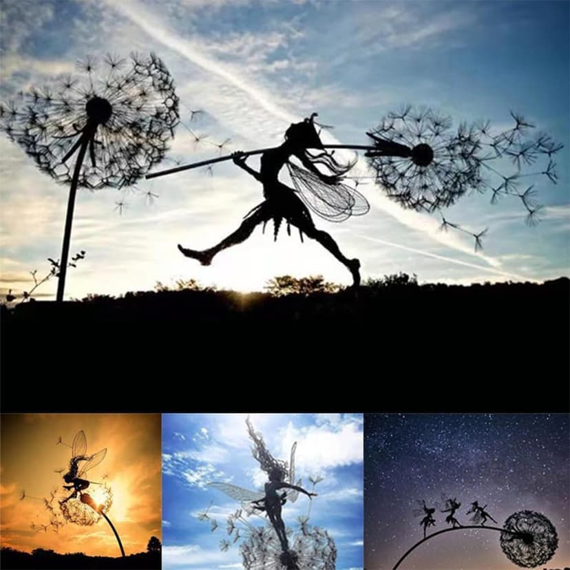 Flower Fairy Dancing with Dandelion Garden Art Sculpture Stainless Steel Statue Christmas Halloween Decoration for Outdoor Yard Courtyard Lawn Patio Metal Ornaments (Hurdle)