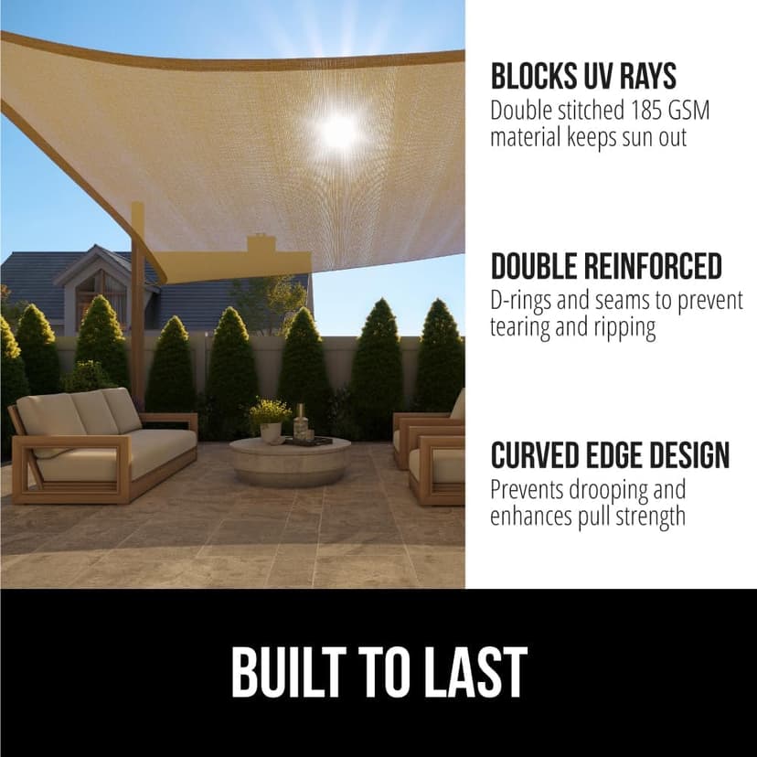 GORILLA GRIP Heavy Duty Sun Shade, UV Protection Fade Tear and Rust Resistant Rectangle Sunshade Canopy, Curved Edges Blocks Sunlight, Breathable Sail, Outdoor Patio, Lawn Garden 12x16 FT Sand