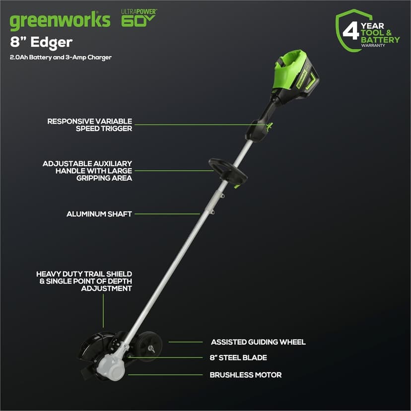 Greenworks 60V 8" Brushless Cordless Edger, 2.0 Ah Battery and Charger Included
