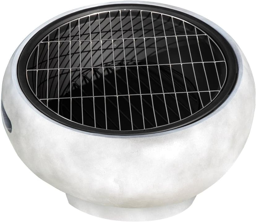 Teamson Home MGO Light Concrete Round Charcoal and Wood Burning Fire Pit for Outdoor Patio Garden Backyard with Spark Screen, Fireplace Poker, Grate, and BBQ Grill, Light Gray