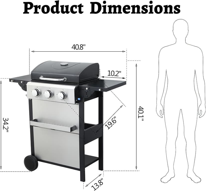 3 Burner Gas Grill with Lid, BBQ Grill With Griddle Combo, Outdoor Barbecue Grills with Wheels, Propane Grills with Foldable Side Table, Cooking Grids, Stainless Steel, 25650BTU