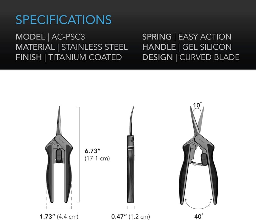 AC Infinity 6.6” Stainless Steel Curved Pruning Shear, Lightweight Ergonomic Design, Curved Precision Blades with Nonstick Titanium Coating for Gardening, Hydroponics, Grow Tents