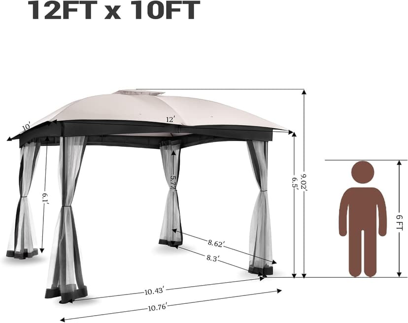 FAB BASED 10x12 Gazebo, Double Vent Canopy Gazebo for Outdoor with Privacy Netting, Easy Setup Patio Pavilion with Steel Frame Strong Legs for Lawn, Backyard, Deck (Ash Grey)
