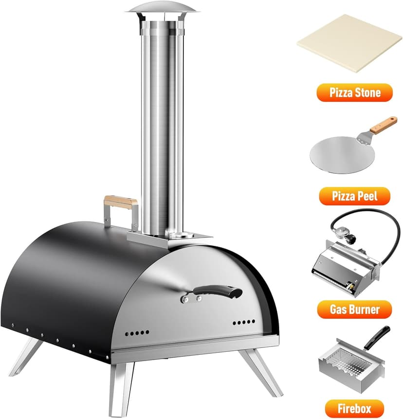 Multi-Fuel Pizza Oven Outdoor, 12" Portable Wood and Gas Fired Pizza Oven with Thermometer,Gas Hose & Pizza Stone,Heats up to 1000°F,Stainless Steel Pizza Oven for Backyard or Camping (Black)