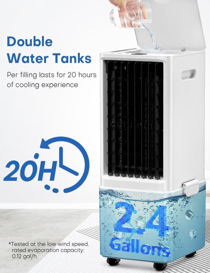 Evaporative Air Cooler w/ 4 Modes & 3 Speeds, Waterless Alert, 2.4-Gal Tank for 20H Cooling, 12H Timer, 20FT Remote, 70° Auto Swing Windowless Air Conditioner, Portable AC Unit for Bedroom