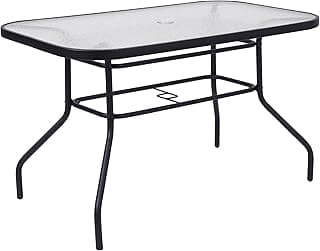 Flash Furniture Tory Rectangle Patio Table with Umbrella Hole, Commercial All-Weather Table with Heat Resistant Tempered Glass, Steel Tube Frame, 27.5x47.25, Black