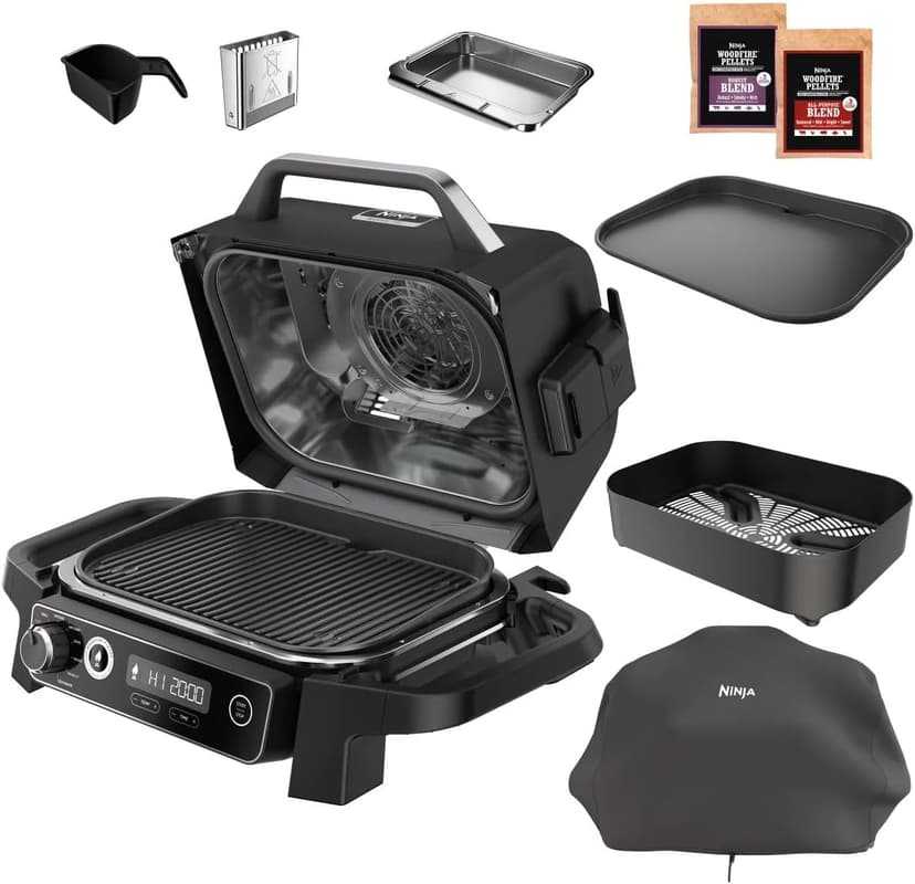 Ninja OG705CO 7-in-1 Outdoor Electric Grill & Smoker - Grill, BBQ, Air Fry, Roast & Dehydrate - Uses Woodfire Pellets - Portable & Weather Resistant, Black