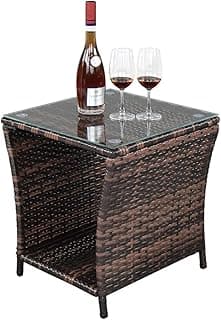 Wicker Rattan Side Table, Outdoor Square Rattan Coffee End Table with Tempered Glass Top and Storage for Patio Porch Lawn (Brown)