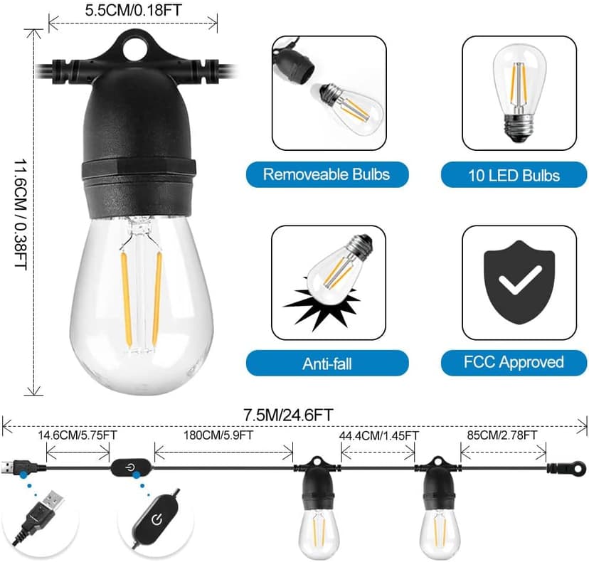24.6Ft USB Powered Outdoor String Lights with 10 pcs Waterproof & Shatterproof S14 LED Bulbs, Lightweight Dimmable Garden Festoon String Lights for Camping BBQ Christmas Party