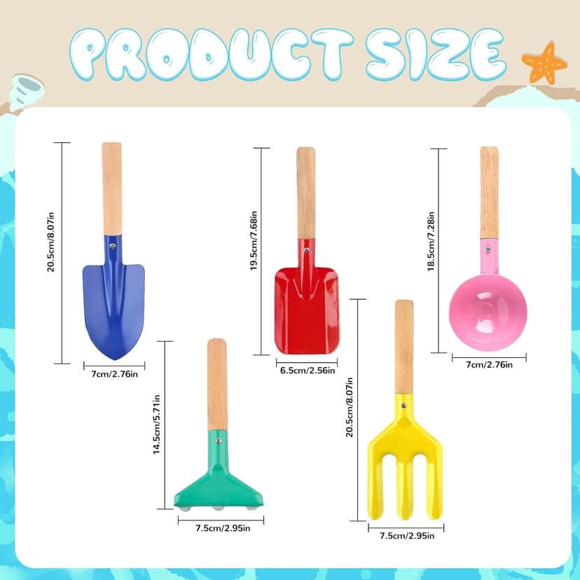 Beach Toys, 5 Pcs Kids Garden Tools, 8'' Children Beach Sand Toys Gardening Set with Sturdy Wooden Handle, Safe Kids Metal Beach Shovel with Spoon, Fork, Rake, Flat Shovel & Pointed Shovel