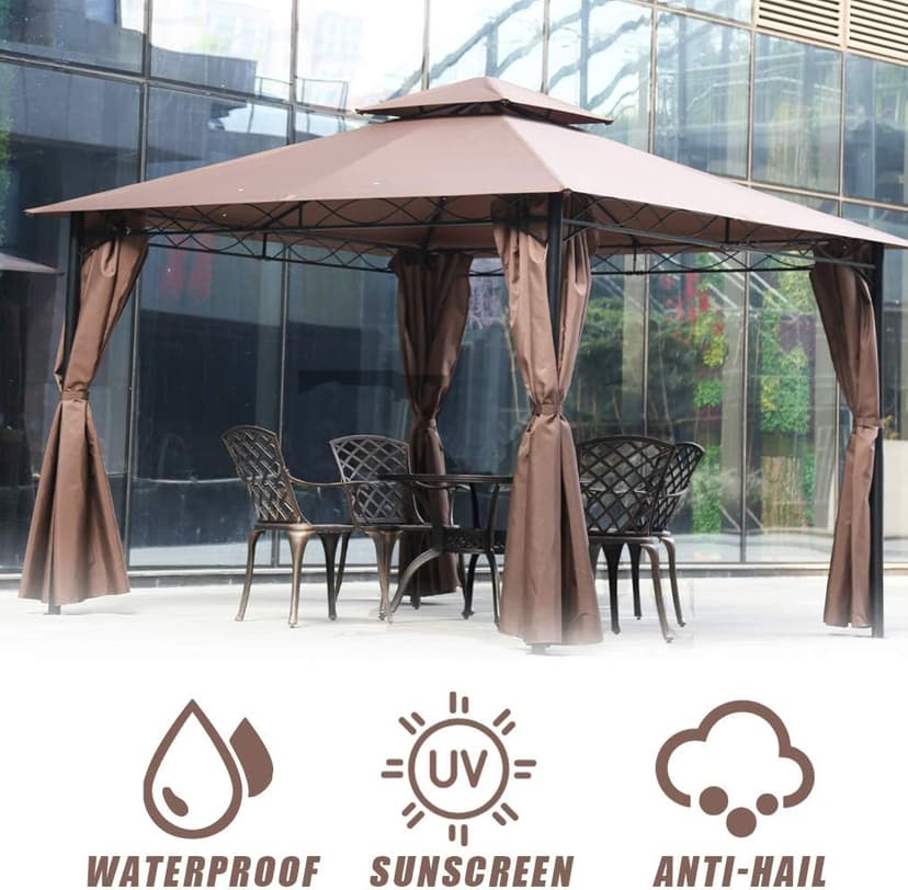 FDW 10'x13' Outdoor Patio Gazebo Heavy Duty Steel Frame Canopy with Double Roof, Privacy Curtains, for Garden, Backyard, and Lawn (Brown)