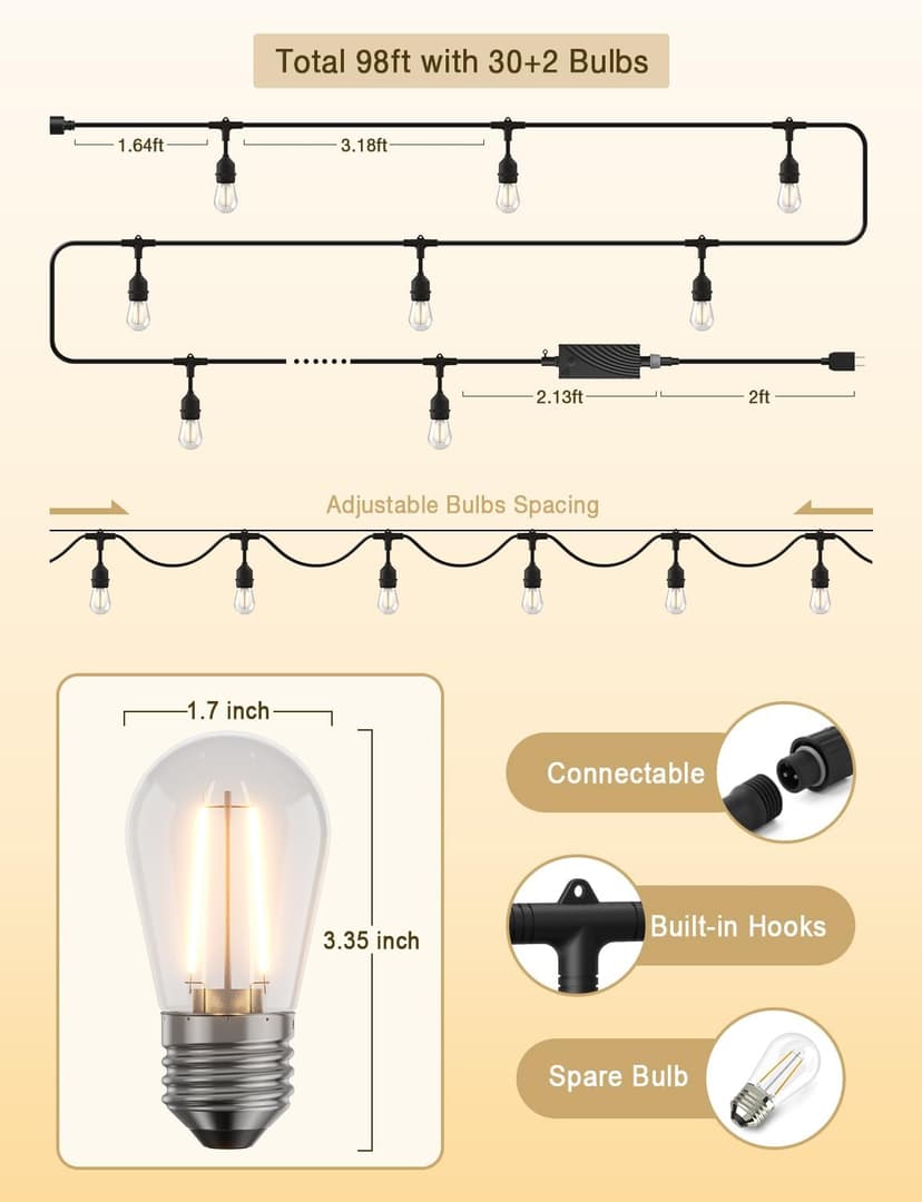 XMCOSY+ Smart Outdoor String Lights, 98Ft LED Patio Lights Waterproof IP65, App Control, Compatible with Alexa, Dimmable Edison Bulbs Outdoor Light for Yard Porch Bistro Outside