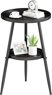 Round Small Black Side Table,2 Tier Modern Metal Tall End Table Circle Accent Table Coffee Tables Nightstand for Small Spaces Indoor Outdoor and Living Room Bedroom Balcony or Office