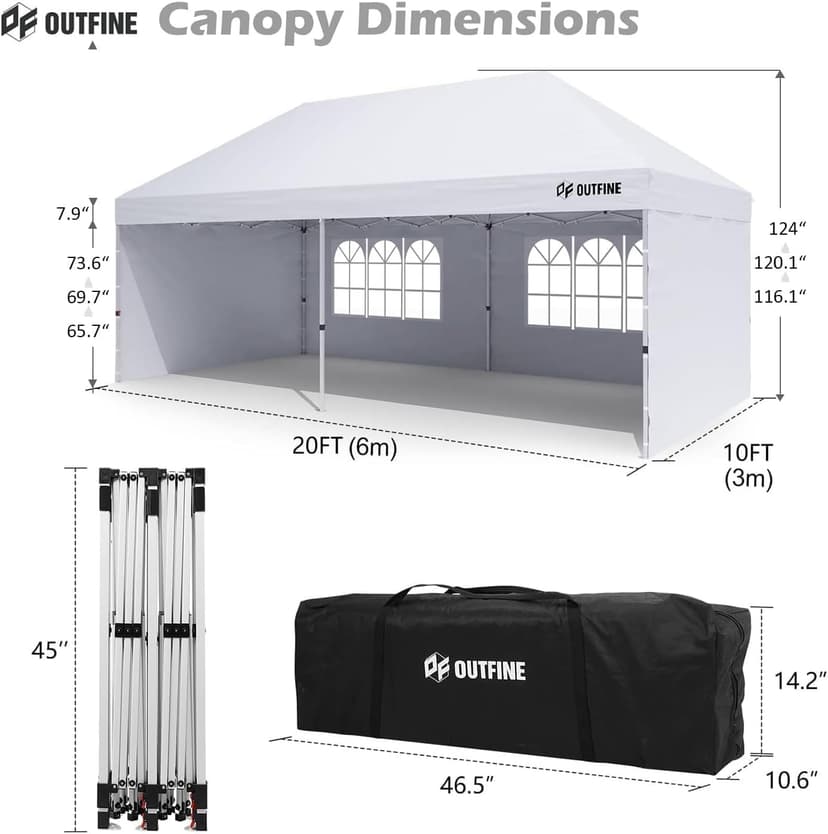 OUTFINE Canopy 10'X20' Pop Up Canopy Gazebo Commercial Tent with 4 Removable Sidewalls, Stakes X12, Ropes X6 for Patio Outdoor Party Events (All White, 10 * 20FT)