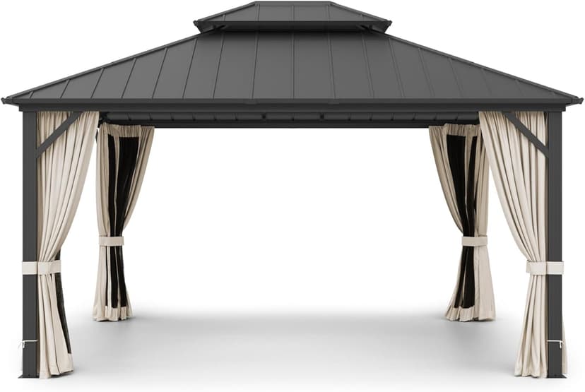 LUE BONA 12'x14' Hardtop Gazebos, Aluminum Frame Permanent Pavilion with Curtains and Netting, Double Galvanized Steel Roof Gazebo Outdoor, Metal Gazebo Canopy for Garden, Lawns, Patio, Black