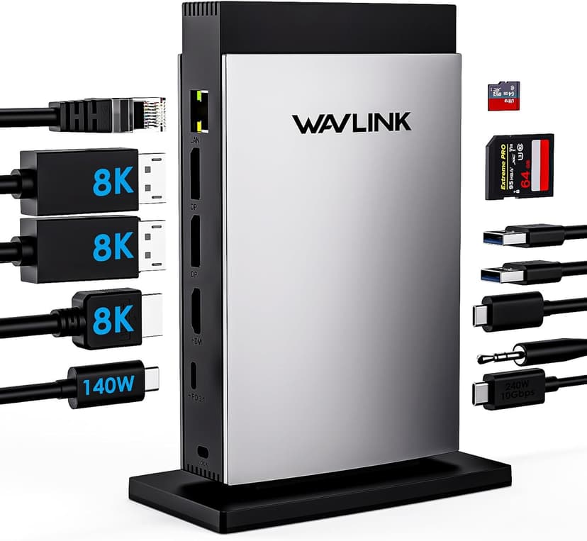 WAVLINK Laptop Docking Station 3 Monitors, 11 in 1 USB C Docking Station with PD3.1 140W Charging, 8K HDMI + Dual 8K Displayport, 5 USB-C/USB-A, SD/TF Slot, Audio/Mic, RJ45 Ethernet for M1/M2/M3/M4