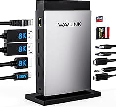 WAVLINK Laptop Docking Station 3 Monitors, 11 in 1 USB C Docking Station with PD3.1 140W Charging, 8K HDMI + Dual 8K Displayport, 5 USB-C/USB-A, SD/TF Slot, Audio/Mic, RJ45 Ethernet for M1/M2/M3/M4