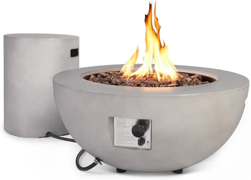2-Piece Outdoor Propane Fire Pit Table Set w/Tank Cover Table, 31.5-inch 50,000 BTU CSA Certification Bowl Concrete Firepit SUS201 Round Burner with Steel Lid, Lava Rocks, Rain Cover…