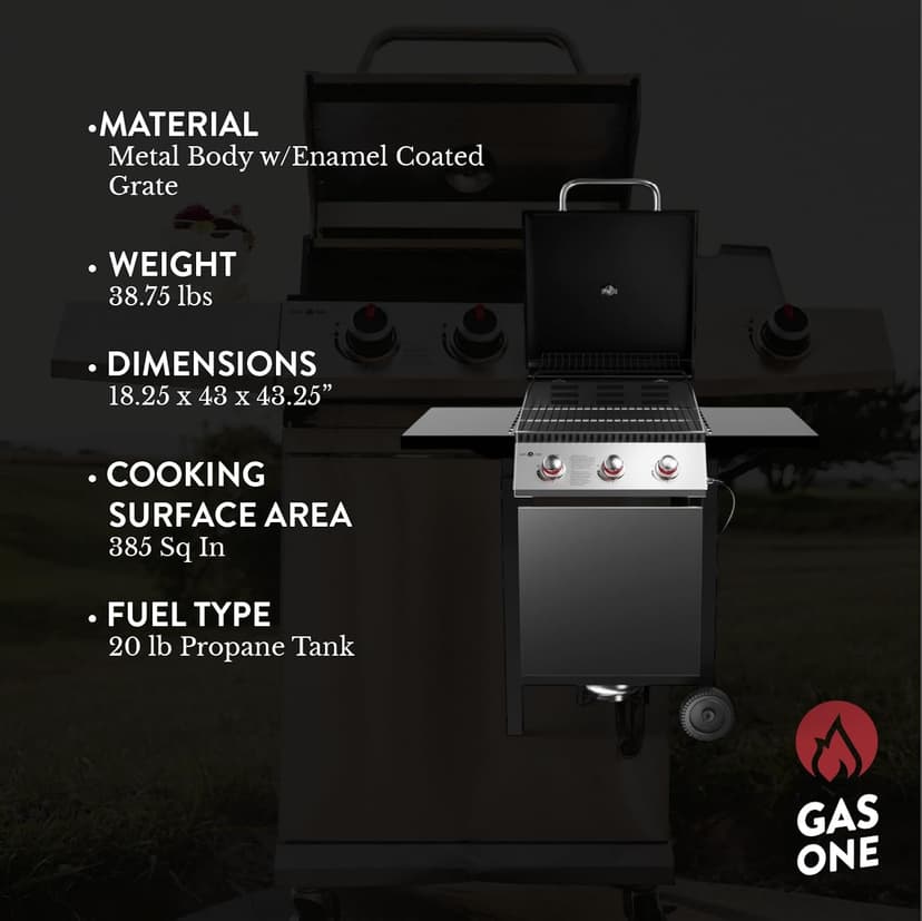 GasOne GP-1030S One 3 Burner Stainless Steel– Outdoor Cabinet Style with Wheels-High-Temperature Paint Coating Gas BBQ Grill – Elegant and Luxurious Design, Black