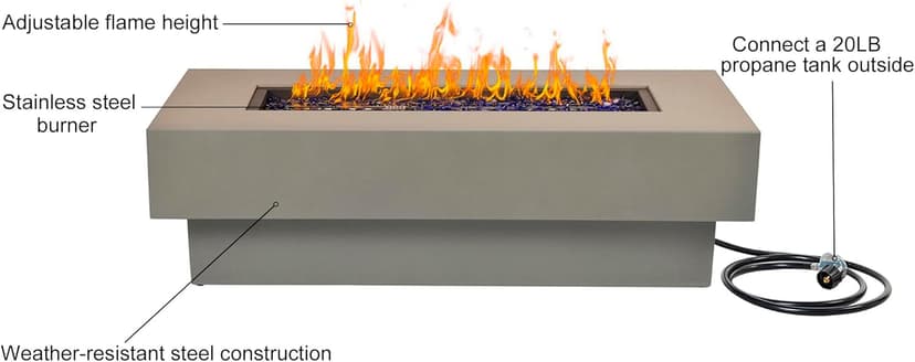 Outdoor Low Profile Fire Table, 48-inch Rectangle Propane Gas Fire Pit Table, 50,000 BTU Modern Firepit w/Lid, Fire Glass, Cover, Pre-Attached 10ft Propane Hose, Flint Gray