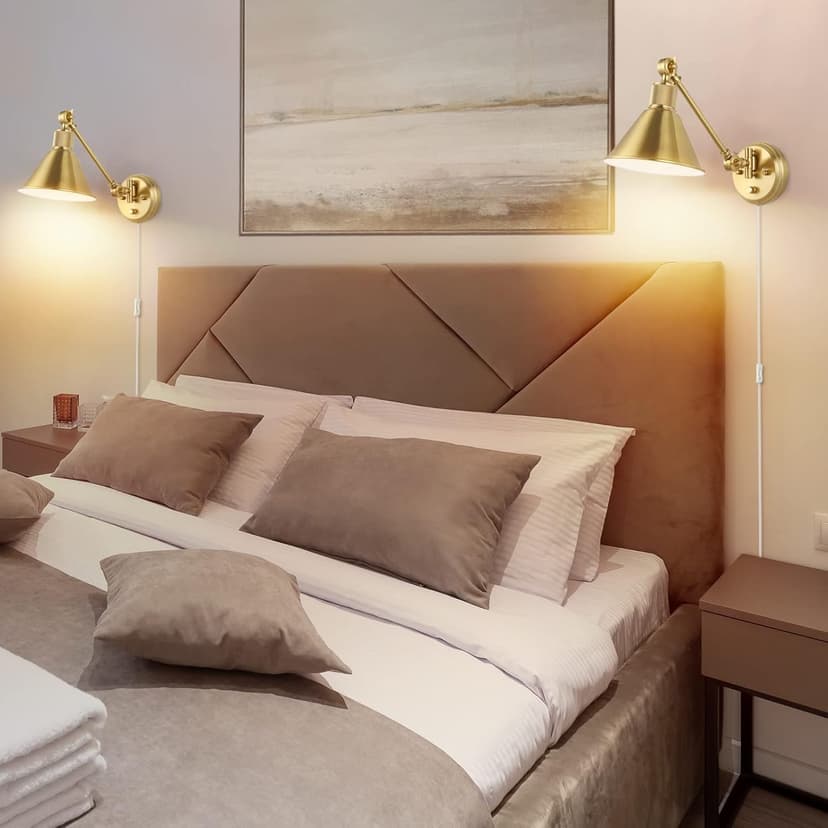 TRLIFE Wall Sconce Plug in, Dimmable Wall Sconces Set of 2 Wall Lights with Plug in Cord and Dimmer On/Off Knob Switch, Brushed Brass Swing Arm Wall Light, UL Listed(2 Pack, 2 Bulbs)