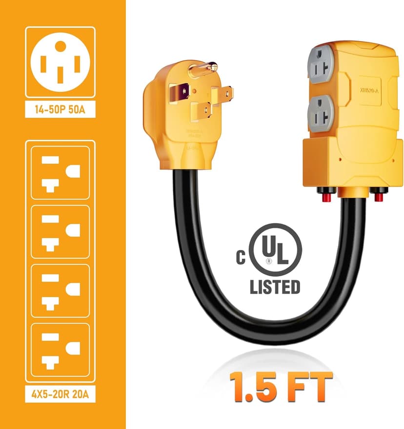 MECMO 50 Amp to 20 Amp 110V RV Distribution Adapter, NEMA 14-50P to 4 X 5-20R/15R RV 4-Prong to Mutiple Household Outlet w/ 20amp Circuit Breaker, ETL Listed RV Generator Distribution Cord