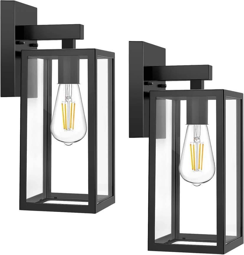 MAXvolador Outdoor Wall Sconce, Exterior Waterproof Wall Lantern Light Fixtures, Black Porch Lights with Toughened Glass Shade, Anti-Rust E26 Socket Front Door Wall Mount Lighting, 2 Pack