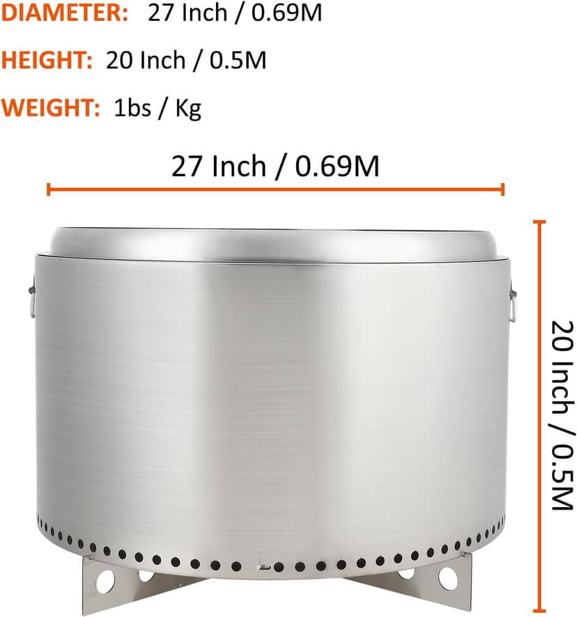 27" Smokeless Fire Pit with Air Switch, Wood Burning Portable Stainless Steel Outdoor Firepit with Removable Stand & Stove Hook, Ash Pan, for Camping Backyard Patio Picnic, H: 20 in, 35 lbs