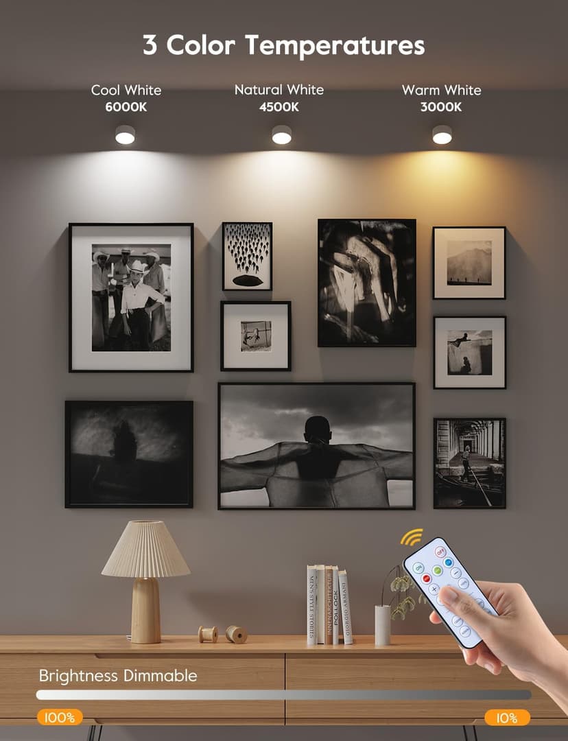 Brightown LED Magnetic Wall Sconce Lights, 2 Pack USB Rechargeable Wall Mounted Lights with Remote, 3 Lighting Colors and Dimmable, 360° Rotation Cordless Wall Mount Lamp for Bedroom, White