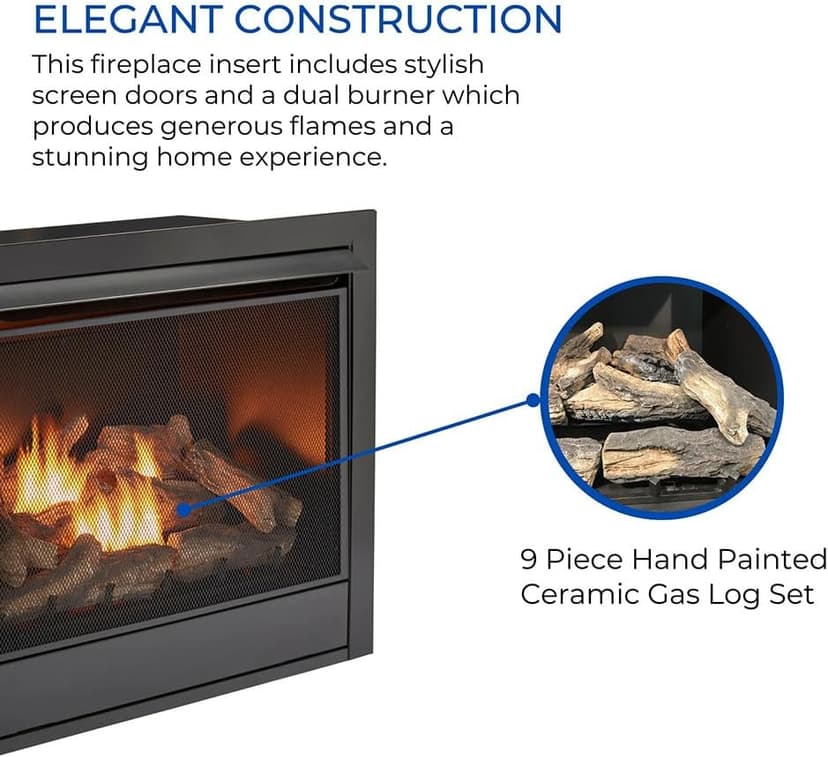 Duluth Forge Dual Fuel Ventless Gas Fireplace Insert, Remote Control, 9 Fire Logs, Use with Natural Gas or Liquid Propane, 32000 BTU, Heats up to 1500 Sq. Ft., Black
