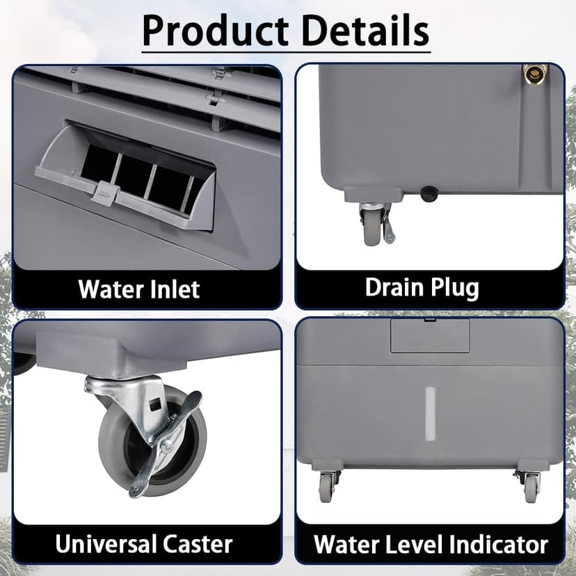 37" Evaporative Air Cooler 3000 CFM, 8 Gal Water Tank, 3 Speeds, Oscillating Cools up to 720 Sq. ft, Portable Industrial Swamp Water Cooler for Outdoor Commercial Factory - Gray