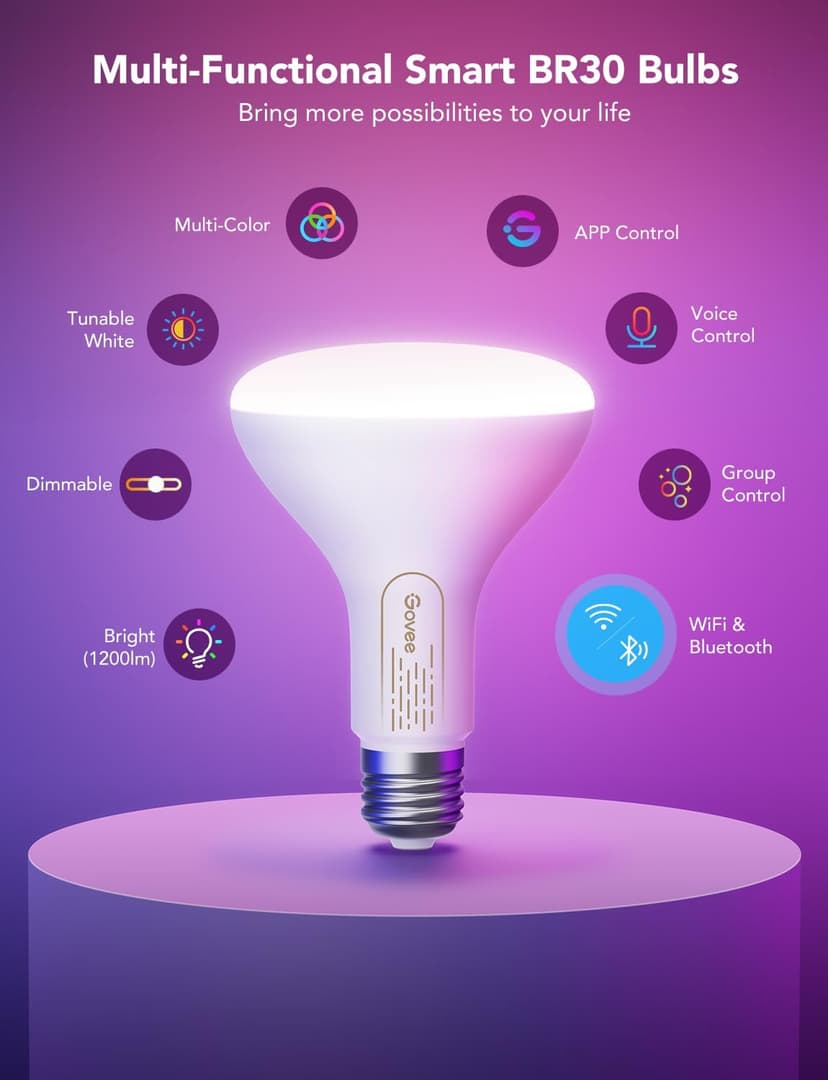 Govee Smart Light Bulbs, 1200 Lumens Dimmable BR30 Bulbs, RGBWW Color Changing Light Bulb, Flood Light Bulbs Work with Alexa, Google Assistant, WiFi & Bluetooth LED Bulbs, Music Sync, 2 Pack