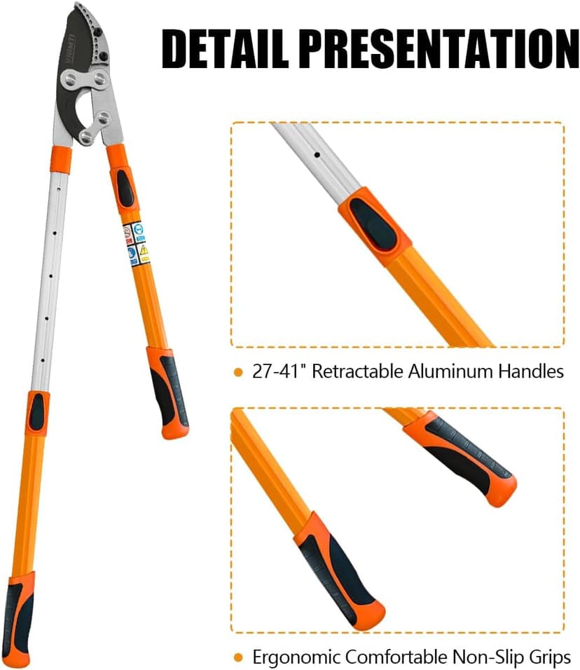 Lopper for Tree Trimming, 27-41'' Extendable Garden Lopper with Compound Action, Heavy Duty Branch Cutter for Trees, Orange