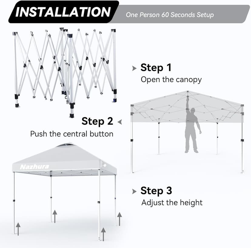 Nazhura 10' x 10' Pop Up Canopy Tent with Sand Weight Bag, Freestanding Sun Shelter for Picnic and Camping, One Person Setup and Height Adjustable (White)
