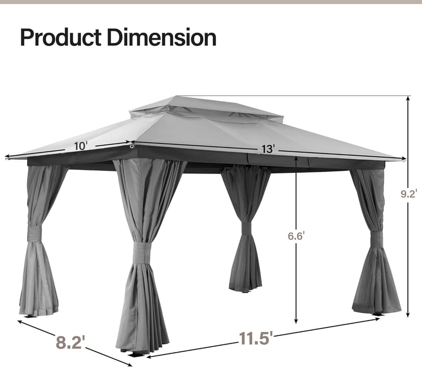 LAUSAINT HOME Outdoor Patio Gazebo 10'x13' with Expansion Bolts, Heavy Duty Party Tent & Shelter with Double Roofs, Mosquito Nettings and Privacy Screens for Backyard, Garden, Lawn, Smoke Grey