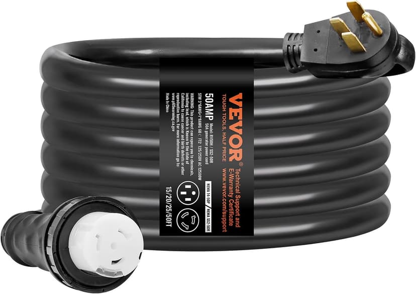 VEVOR 50 Amp Generator Cord and Power Inlet Box Kit, 25FT Generator Extension Cord NEMA 14-50P/SS2-50R STW 6/3+8/1 AWG with Twist Lock Connector, Pre-Drilled Inlet Box, ETL Listed