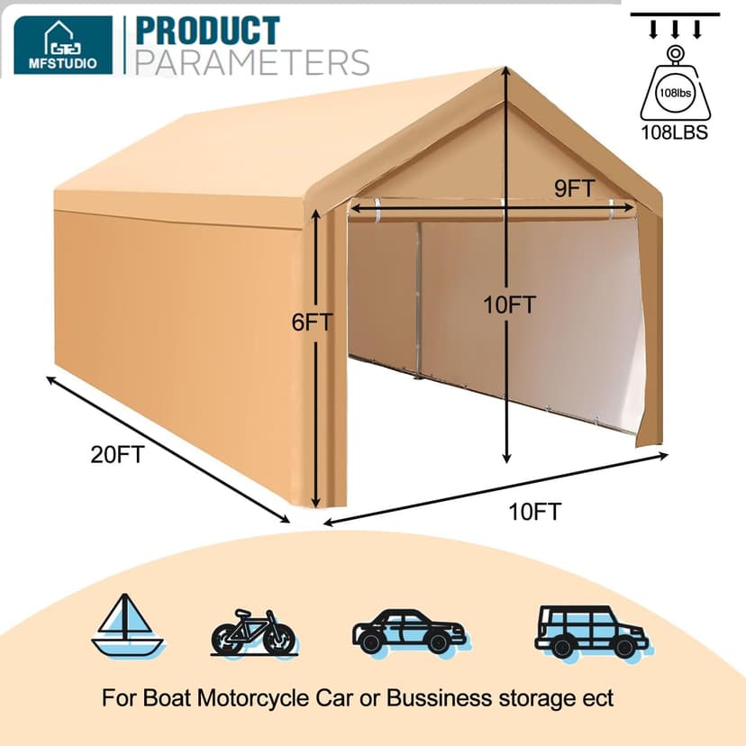 MFSTUDIO Carport 10x20 ft, Heavy Duty Carports Car Canopy Tent with Removable Sidewalls Doors, Portable Garage Waterproof UV-Resistant Car Ports for Camping SUV, Cars, Trucks, Boats, and Vehicles
