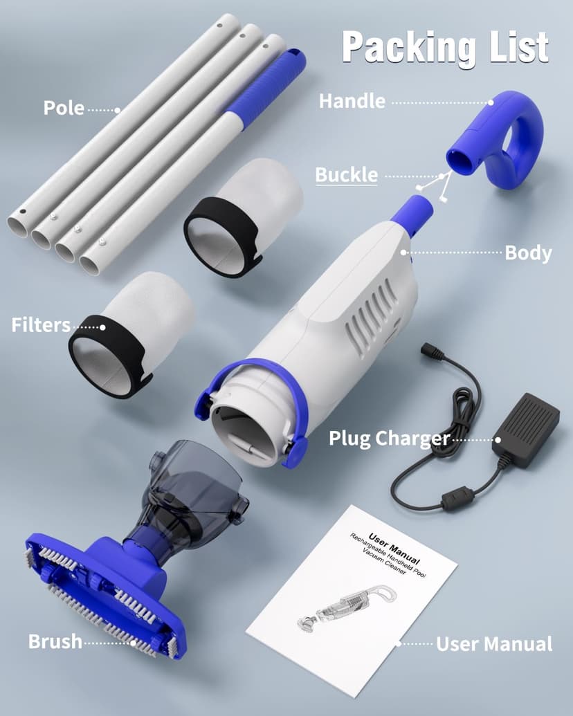 Little Shark Pool Vacuum for Above Ground Pool, Hot Tub Vacuum with a 60w Motor,18 Gal/Min Powerful Suction, Pool Vacuum with 5000mAh Battery, 1h Running Time