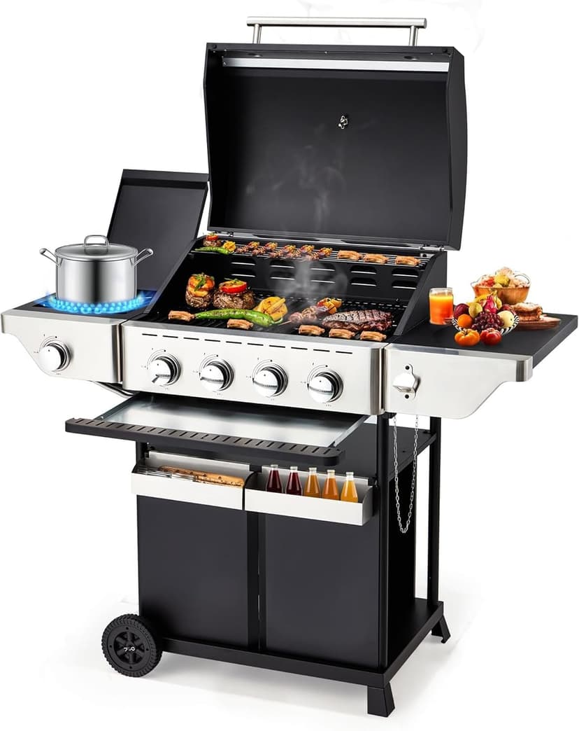4-Burner Propane Gas Grill with Side Burner, Stainless Steel Spice Rack 542 Sq.In BBQ, 45,000 BTU Portable Propane Grill Output for Outdoor Cooking Kitchen, Barbecue Garden Patio Backyard