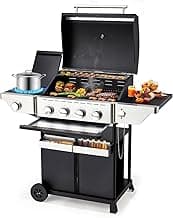 4-Burner Propane Gas Grill with Side Burner, Stainless Steel Spice Rack 542 Sq.In BBQ, 45,000 BTU Portable Propane Grill Output for Outdoor Cooking Kitchen, Barbecue Garden Patio Backyard