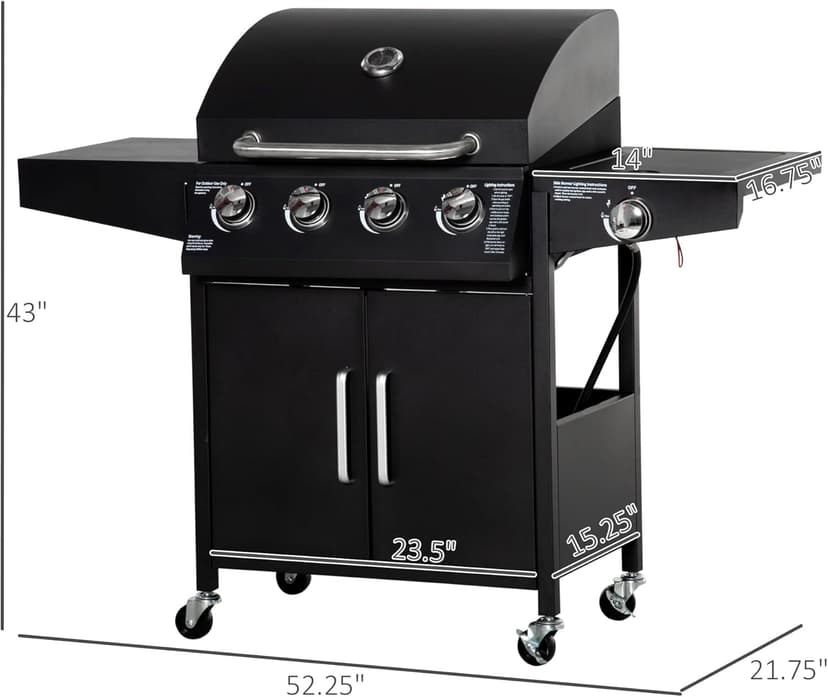 Outsunny 4 Burner Propane Gas Grill, 50,000 BTU Steel Outdoor Barbeque/Barbecue with Side Burner, Wheels, Warming Rack, Shelf, Cabinet, Thermometer, Black