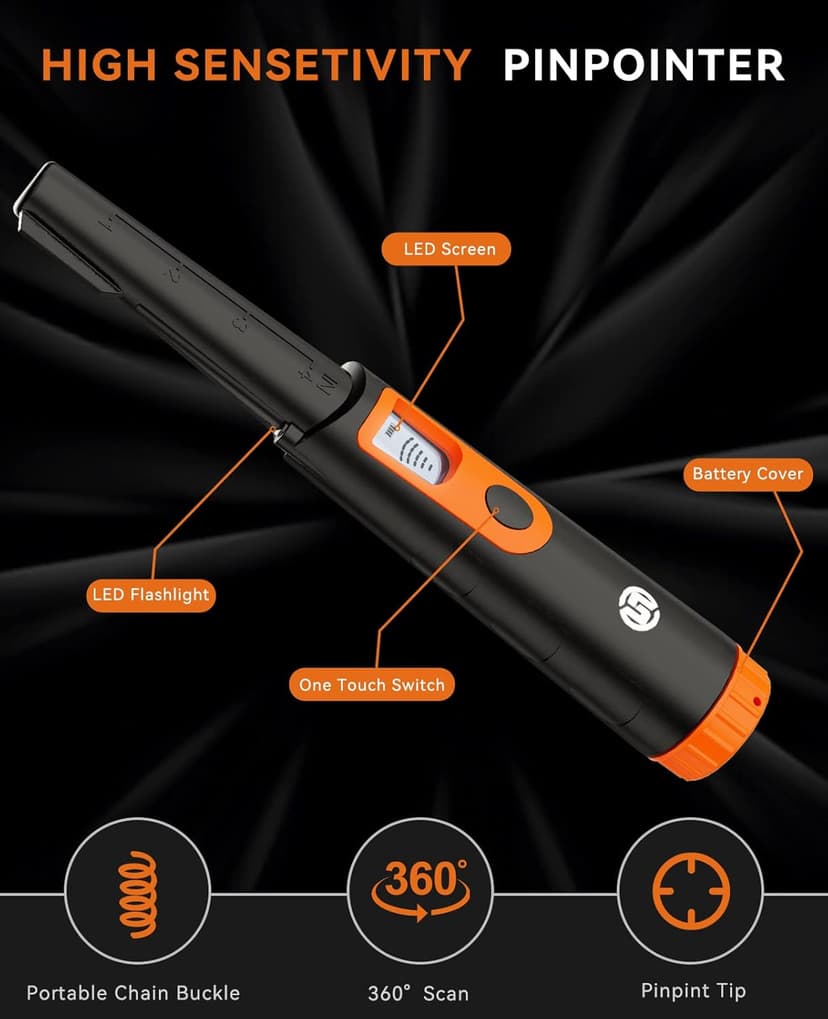 SUNPOW Metal Detector Pinpointer for Adults & Kids, Fully Waterproof, 360°Detection Handheld Pin Pointer Wand with LCD Screen, 3 Modes (Buzzer, Vibration,Sound) for Treasure Hunting- OTMD08