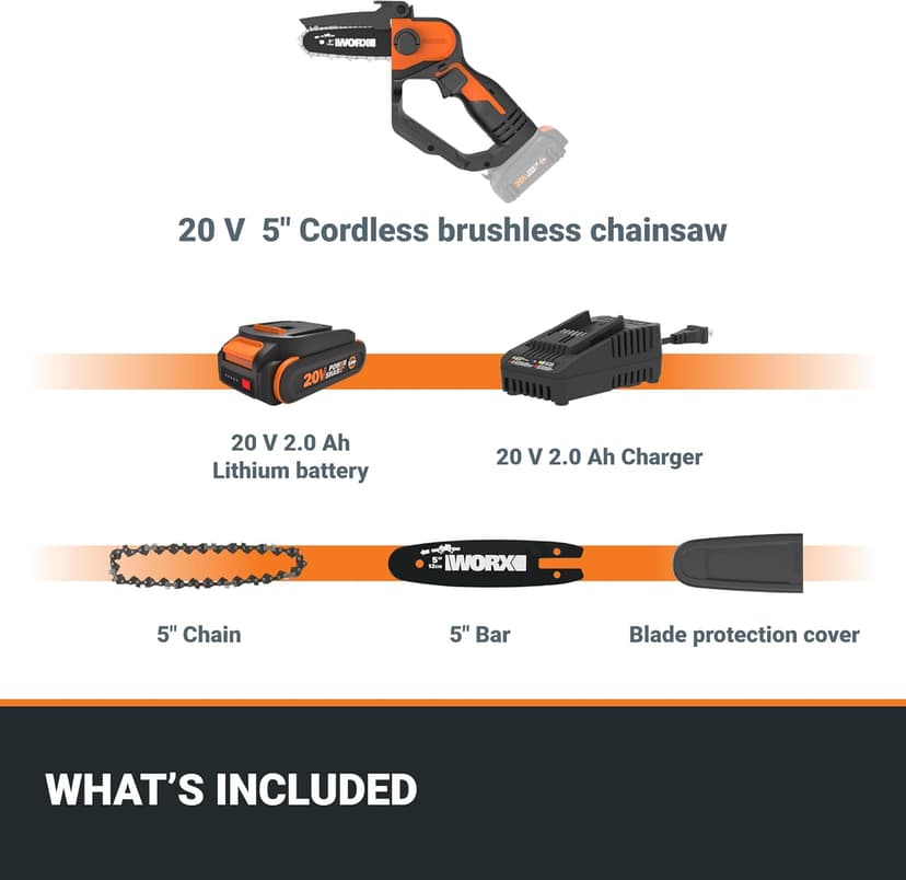 Worx 20V 5" Mini Cordless Chainsaw, 3.9 lbs, 22 ft/s Chain Speed, Power Share Battery, Upper & Hand Guard WG324 - Battery & Charger Included