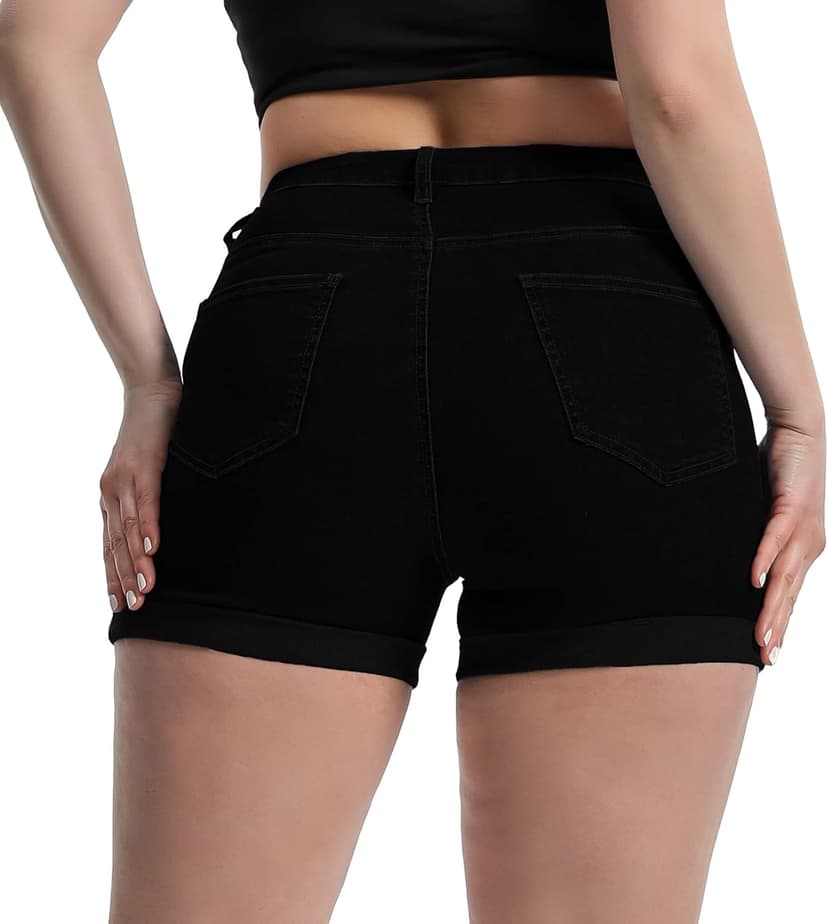 Romastory Women's High Waisted Summer Elastic Jean Shorts Folded Hem Hot Denim Shorts for Women
