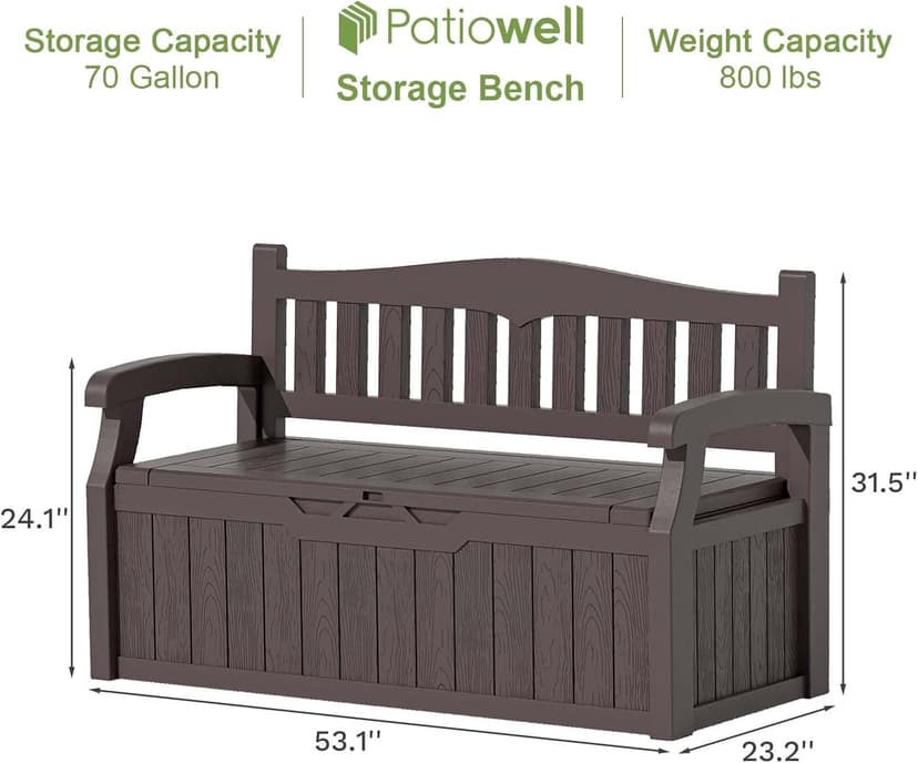 Patiowell 70 Gallon Plastic Storage Bench, Water-Resistant Deck Box for Patio Furniture, Garden Tools, Pool Storage and Outdoor Cushions, Brown