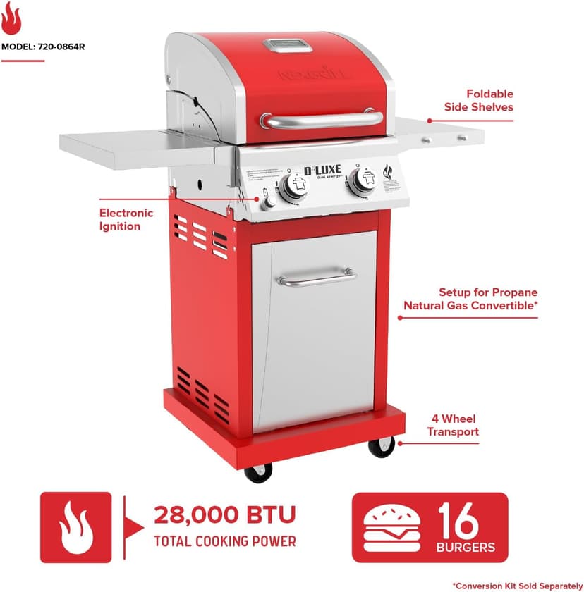 Nexgrill Deluxe 2-Burner Gas Grill with 401 SQ In Grate, 28000 BTUs, Stainless Steel Control Panel & Foldable Side Table, Propane BBQ Grill for Outdoor Cooking, Patios, Backyards and More - 720-0864R