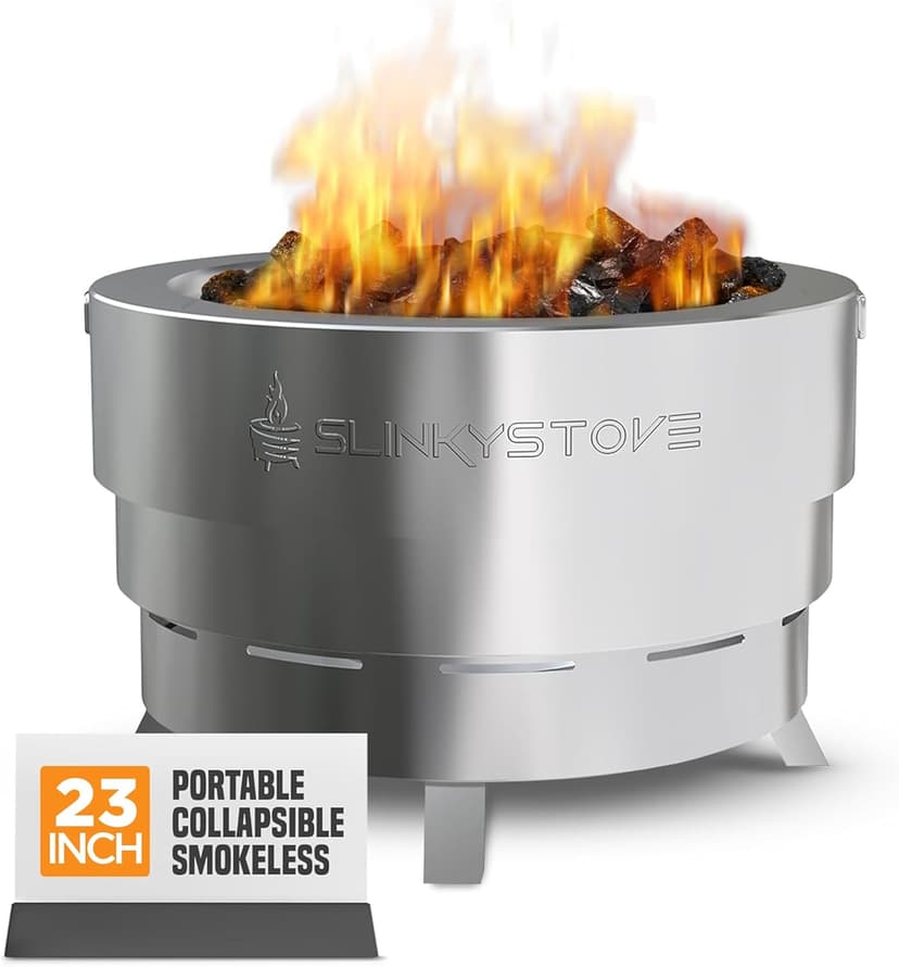 Slinky Stove 23-inch Smokeless Firepit – Lightweight, Compact & Portable with Carry Bag, Collapsible Design for Camping, Backyard Gatherings, Bonfires, and Outdoor Wood-Burning – Stainless Steel
