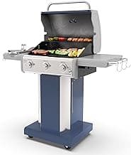 Kenmore 3-Burner Propane BBQ Grill, 30,000 BTUs Gas Grill with Cast Iron Cooking Grates, Folding Side Tables & Wheels, Outdoor Grill with Tool Hooks, Azure Blue