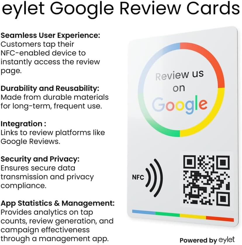 Google review card v3 from eylet | No Subscription, faster NFC Taps and QR code for instant sharing of the Google review link for your business, works with iPhone and Android.